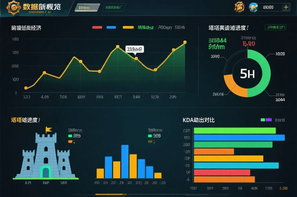 比赛界面数据总览图,显示经济曲线、塔破进度和KDA输出对比条形图